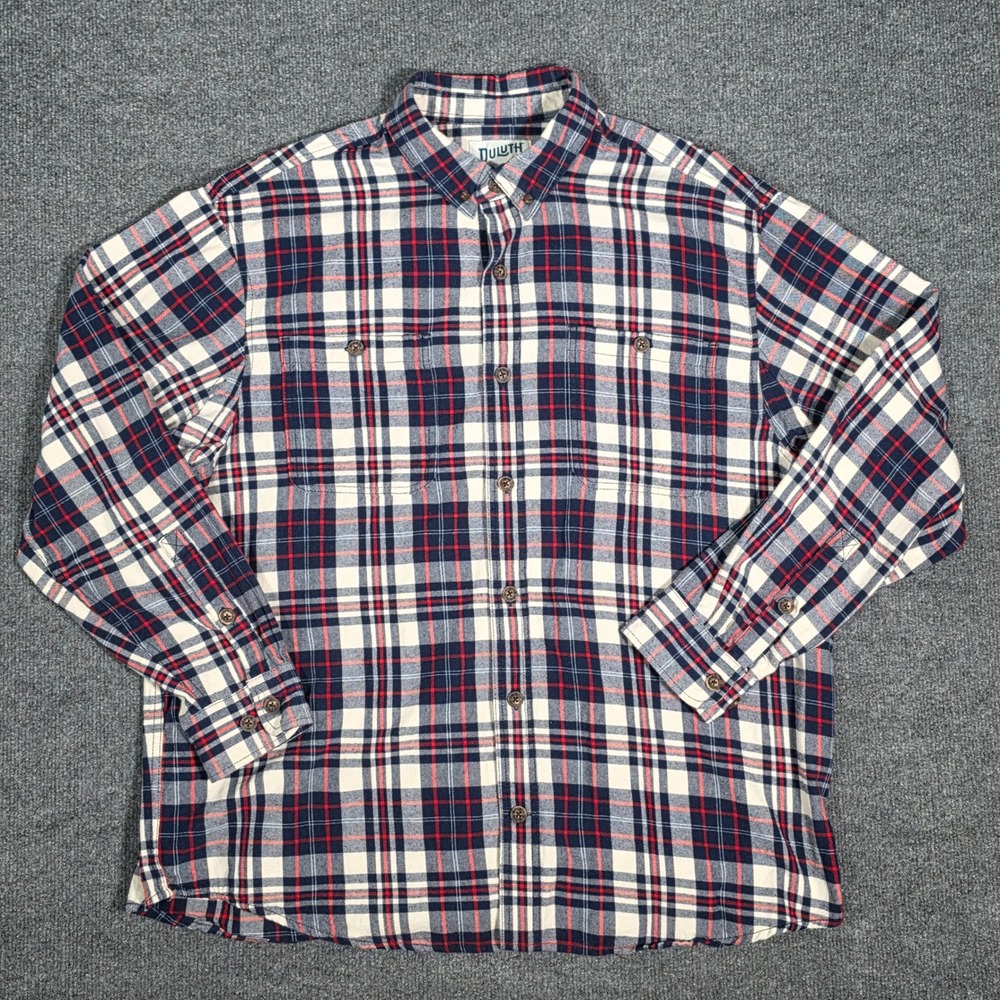 Duluth Trading Co Mens XL Relaxed‎ Fit Plaid Flannel Shirt Navy Blue Red Cotton